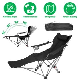1Pc Reclining Camping Chair with Footrest 4-Position Adjustable Outdoor Folding Chair Heavy Duty Portable Camping Lounge Chair with Headrest Cup (Option: BLACK)