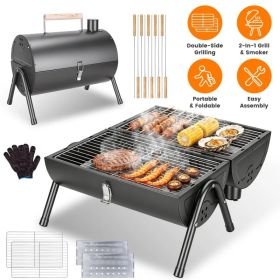 Portable Charcoal Grill Foldable BBQ Grill with Double-Sided Cooking Design, Chimney Vent, 10 Stainless Steel Skewers Carry Handle Outdoor Barbec (Option: BLACK)